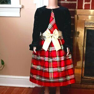 Sweet Charmers Plaid Jacket Dress 7 2 Piece Red & Gold Christmas Velvet Jacket